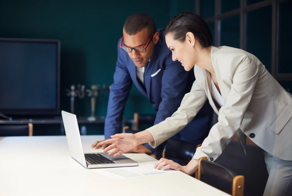 Two professionals collaborating on organizational research at a laptop